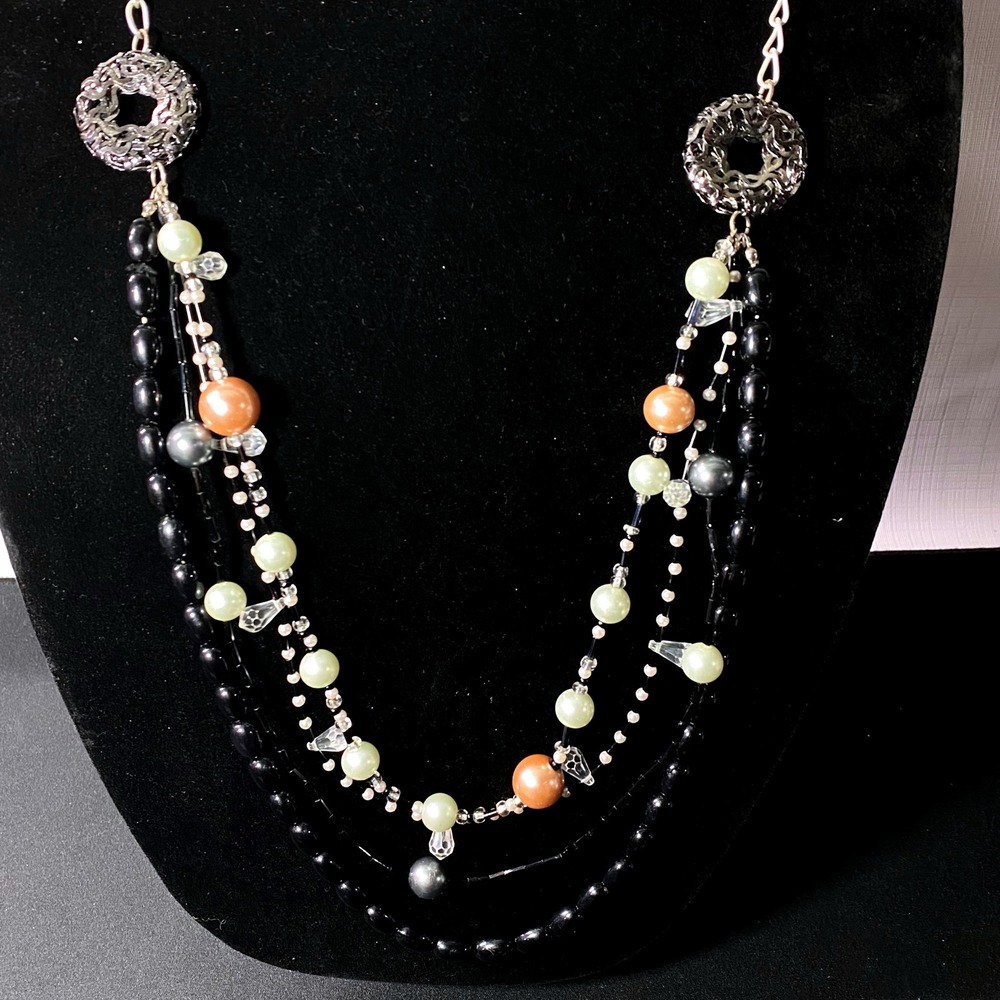 VTG Layered Beaded Statement Necklace Fashion Jewelry Silver Tone Chunky